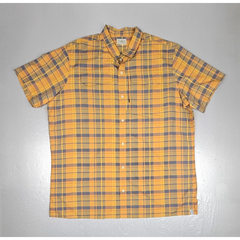LL Bean Button Up Shirt Mens 3X Orange Plaid Zip Chest Pocket Short Sleeve